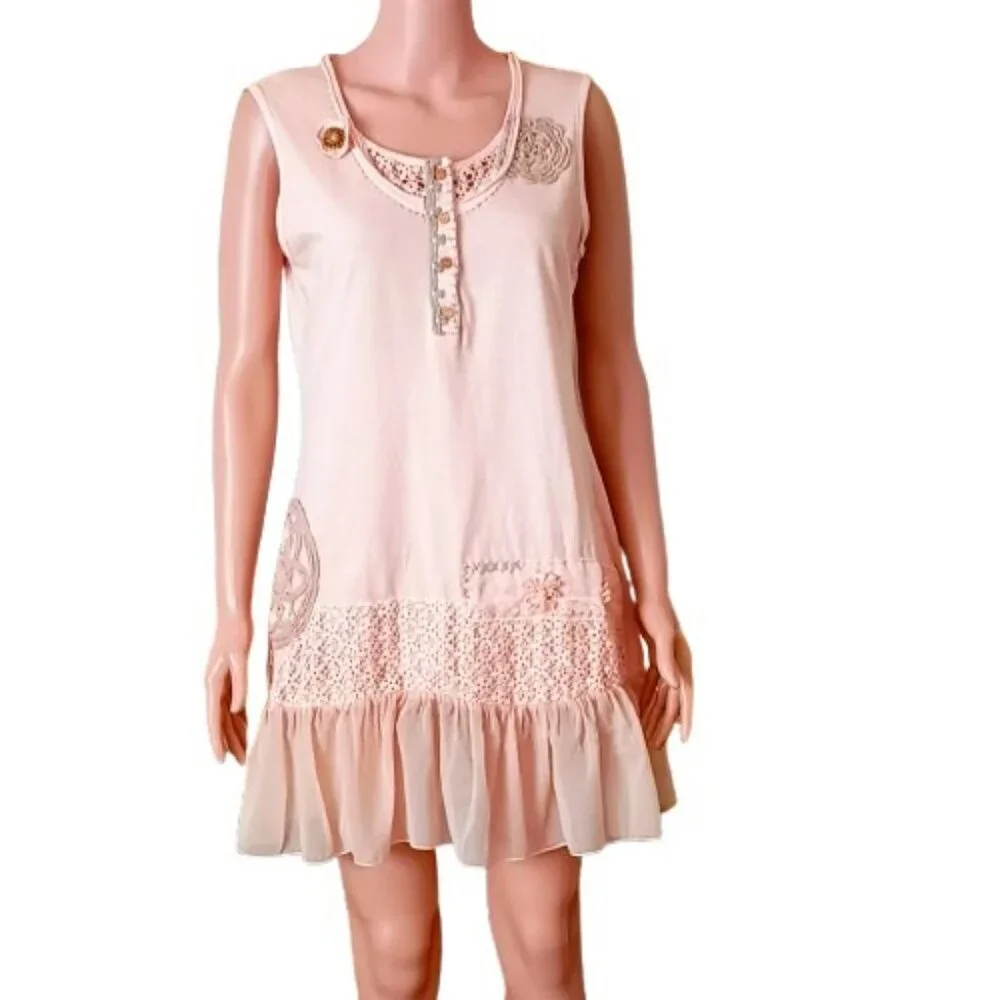 Blush Pink Crochet & Embroidered Dress 10 Girl's Ribbon Flowers Sheer Ruffle Hem